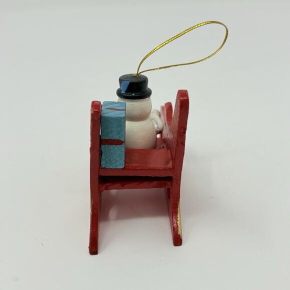 Vintage Hand Painted 2" Wooden Snowman on Red Sled Christmas Ornament - Picture 4 of 5